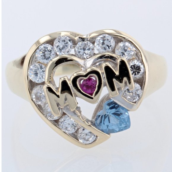 10K Yellow Gold MOM Topaz Sim. Ruby & CZ Cubic Zirconia Heart Mother's Ring - Picture 1 of 4